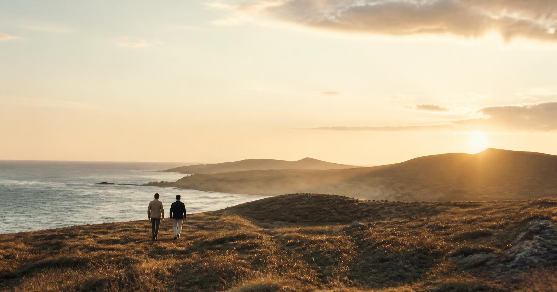 Two men walking across a vast coastal landscape at golden hour