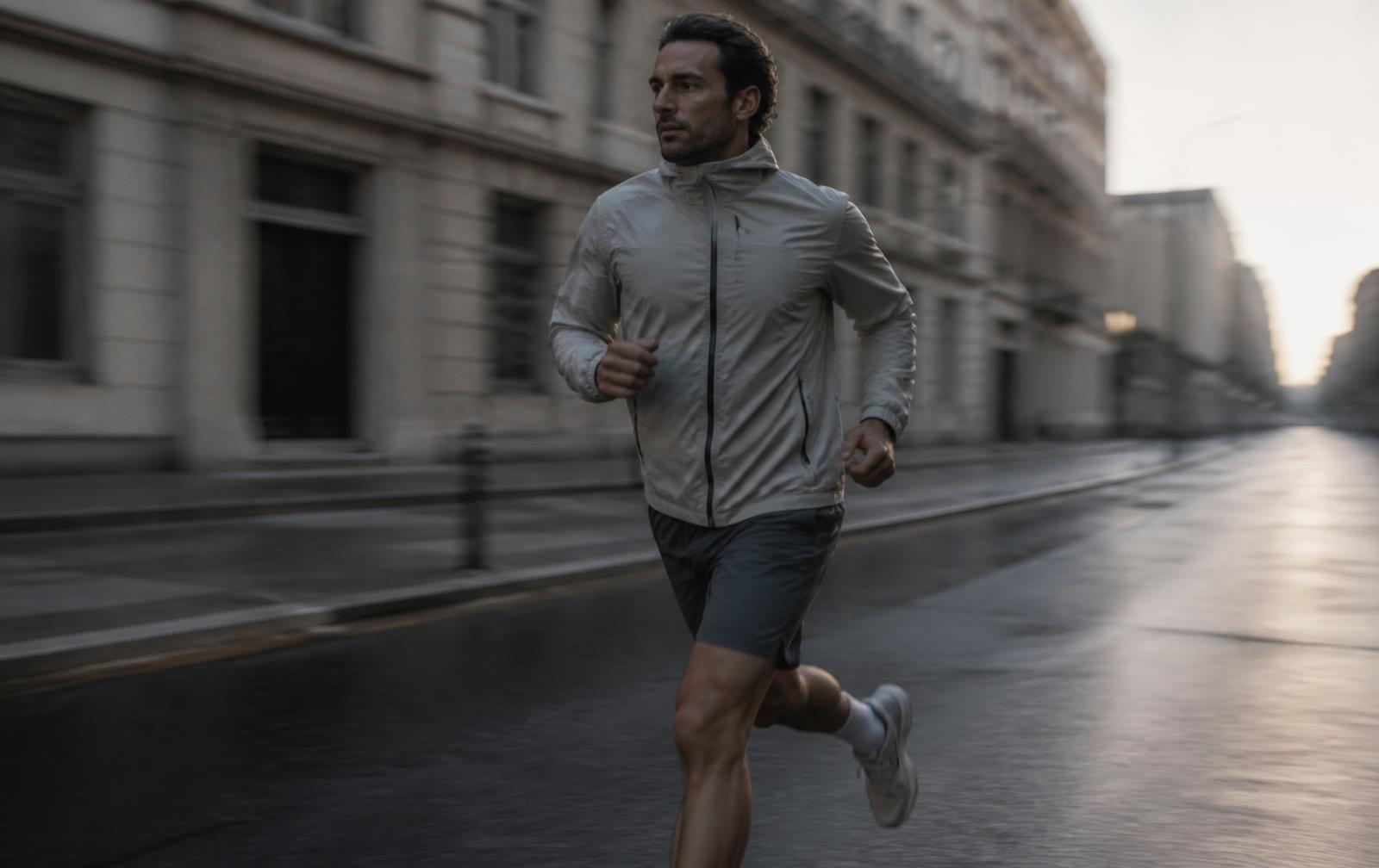 A man running through empty city streets in early morning light