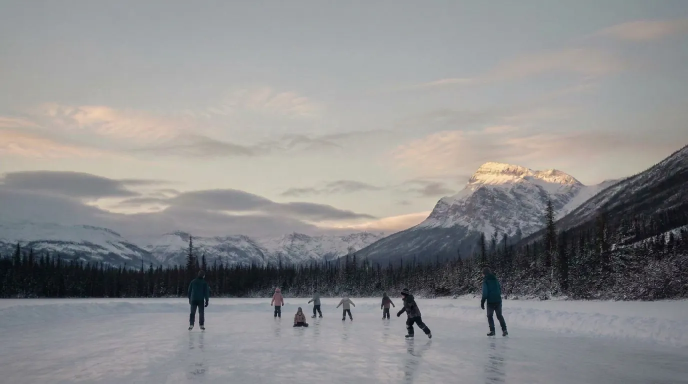 Two adults and six children skating on an outdoor rink on a frozen lake below snow-covered mountains in northern British Columbia