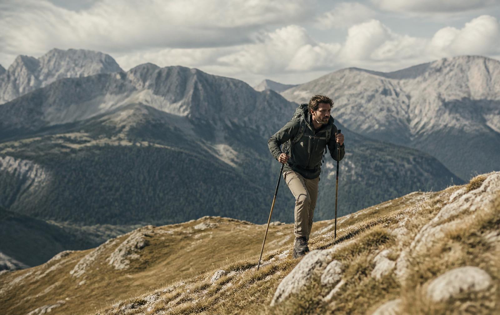A man hiking uphill on an open mountain ridge in daylight